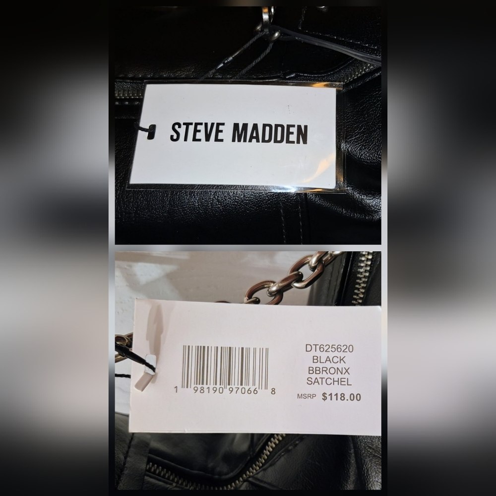 NWT Steve Madden BBRONX Satchel - Black Moto Studded Bag with Chain - Picture 15 of 15